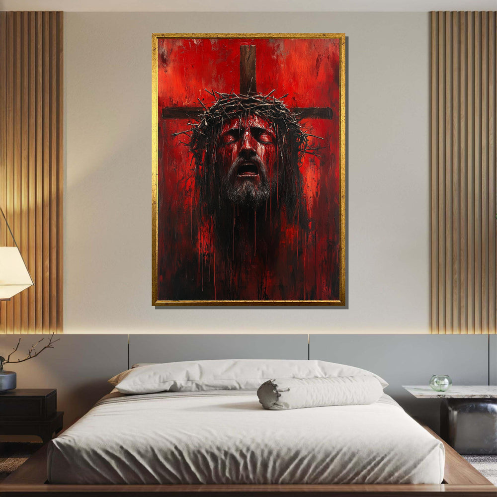 Intense Red Jesus Crucifixion Art - Passionate Religious Artwork with Crown of Thorns,Spiritual Wall Decor,Divine Light Modern Canvas