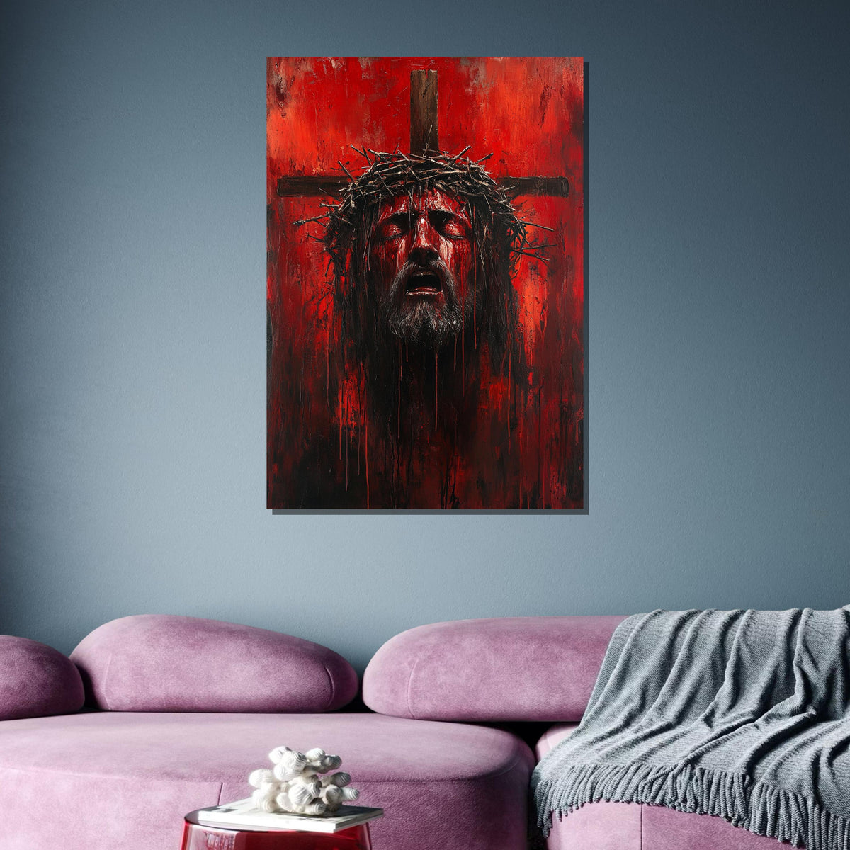Intense Red Jesus Crucifixion Art - Passionate Religious Artwork with Crown of Thorns,Spiritual Wall Decor,Divine Light Modern Canvas