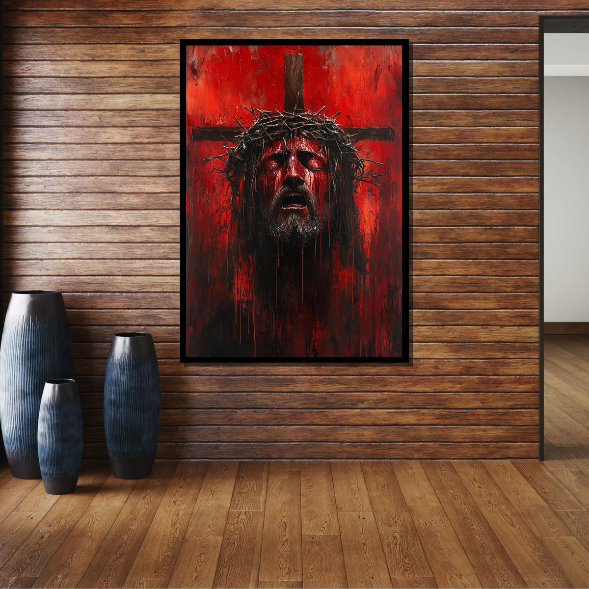 Intense Red Jesus Crucifixion Art - Passionate Religious Artwork with Crown of Thorns,Spiritual Wall Decor,Divine Light Modern Canvas