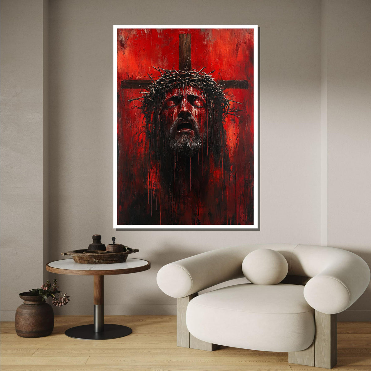Intense Red Jesus Crucifixion Art - Passionate Religious Artwork with Crown of Thorns,Spiritual Wall Decor,Divine Light Modern Canvas
