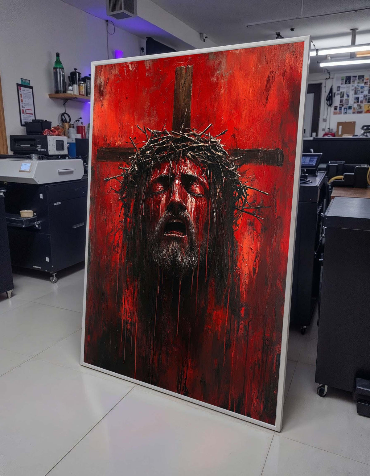 Intense Red Jesus Crucifixion Art - Passionate Religious Artwork with Crown of Thorns,Spiritual Wall Decor,Divine Light Modern Canvas