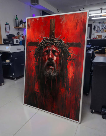 Intense Red Jesus Crucifixion Art - Passionate Religious Artwork with Crown of Thorns,Spiritual Wall Decor,Divine Light Modern Canvas