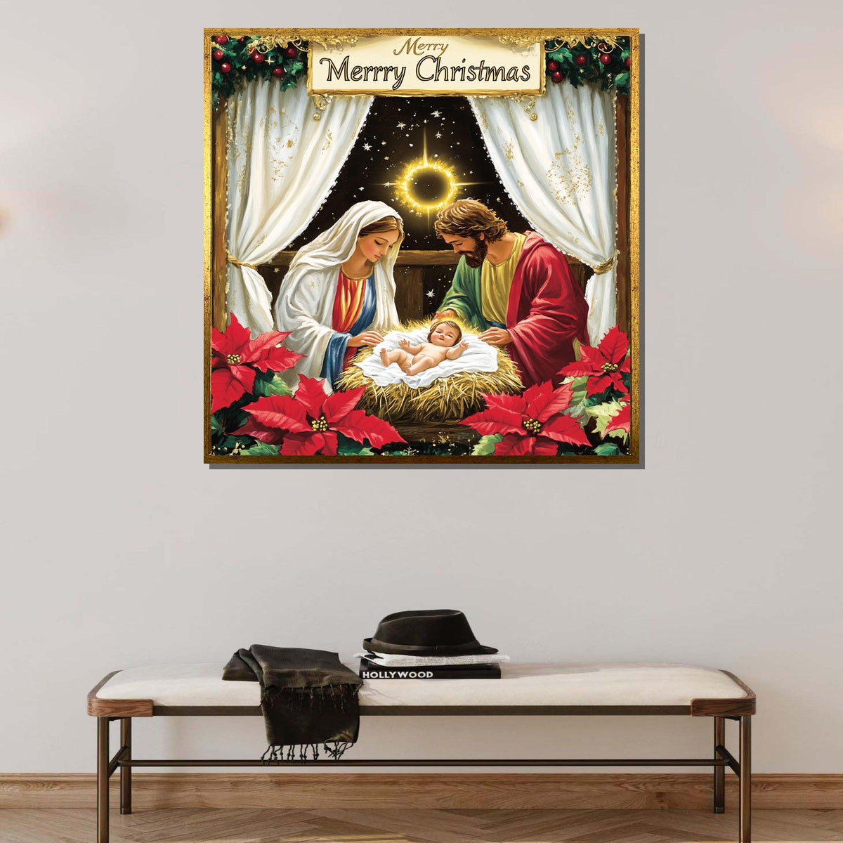 Nativity Scene Christmas Art Print, Holy Family Canvas, Religious Holiday Decor, Merry Christmas Wall Art,Large Wall Art Living Room Art