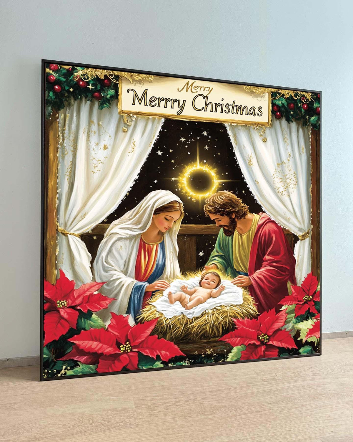 Nativity Scene Christmas Art Print, Holy Family Canvas, Religious Holiday Decor, Merry Christmas Wall Art,Large Wall Art Living Room Art