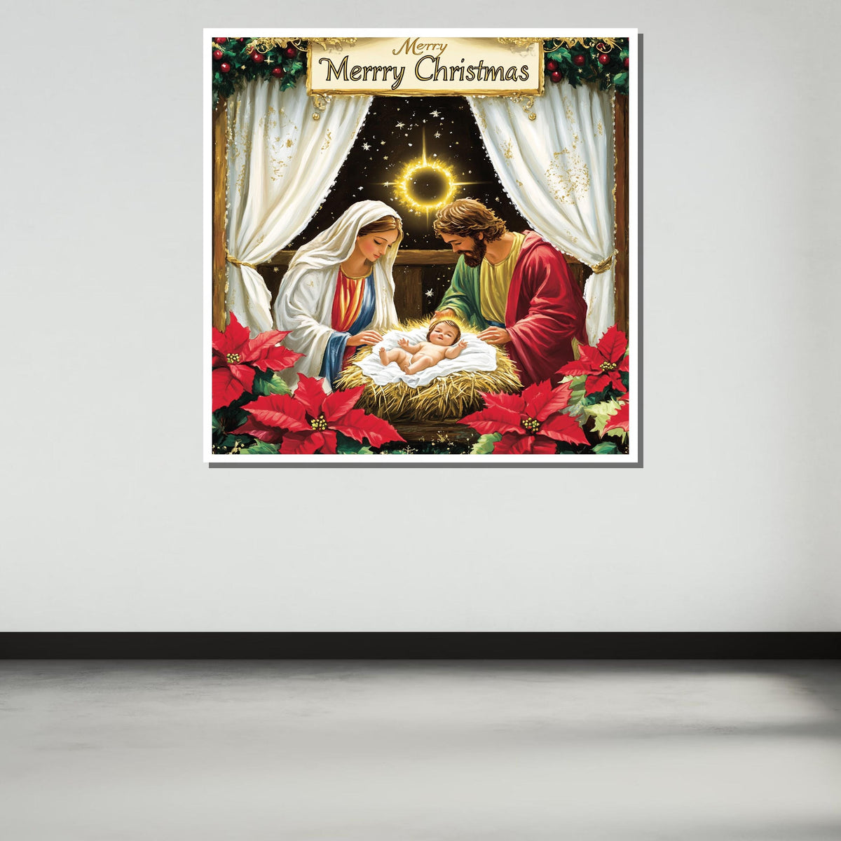 Nativity Scene Christmas Art Print, Holy Family Canvas, Religious Holiday Decor, Merry Christmas Wall Art,Large Wall Art Living Room Art