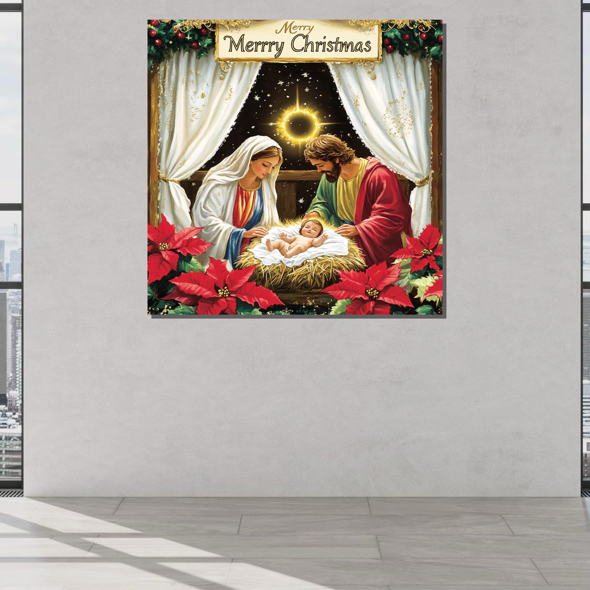 Nativity Scene Christmas Art Print, Holy Family Canvas, Religious Holiday Decor, Merry Christmas Wall Art,Large Wall Art Living Room Art