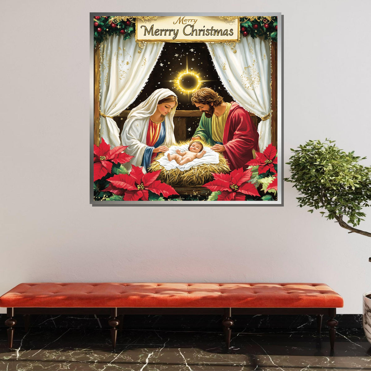 Nativity Scene Christmas Art Print, Holy Family Canvas, Religious Holiday Decor, Merry Christmas Wall Art,Large Wall Art Living Room Art