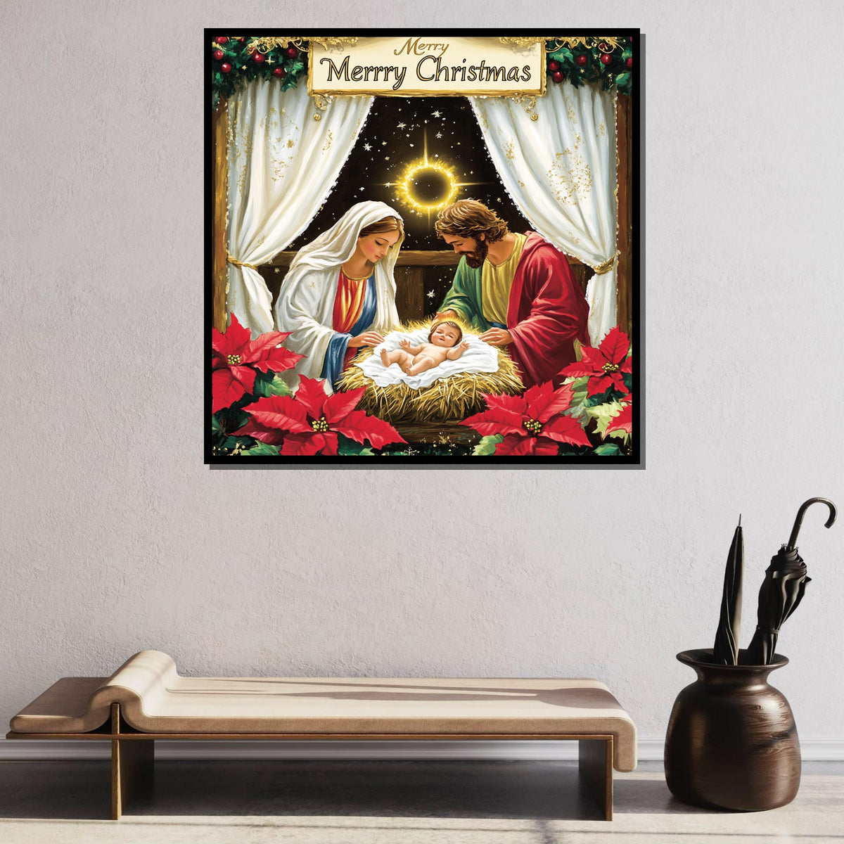 Nativity Scene Christmas Art Print, Holy Family Canvas, Religious Holiday Decor, Merry Christmas Wall Art,Large Wall Art Living Room Art