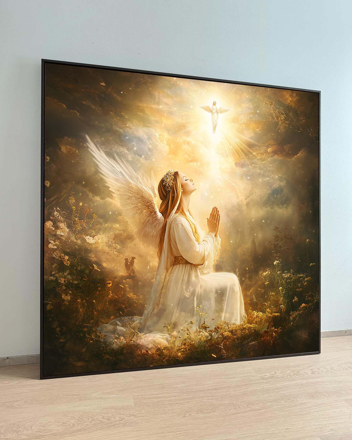 Angel in Prayer with Divine Light - Heavenly Spiritual Wall Art for Christian Homes, Religious Artwork ,Christian Gift
