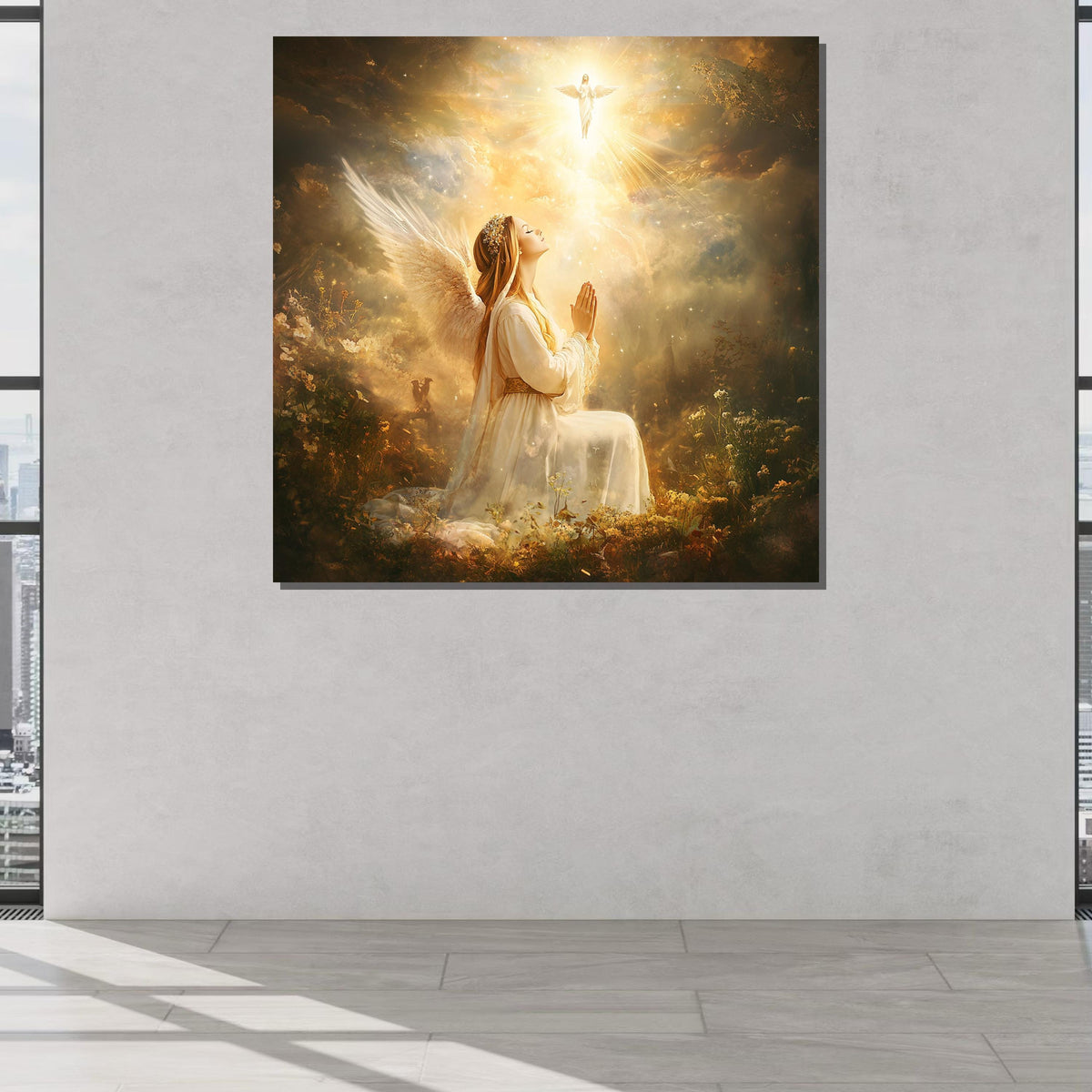 Angel in Prayer with Divine Light - Heavenly Spiritual Wall Art for Christian Homes, Religious Artwork ,Christian Gift