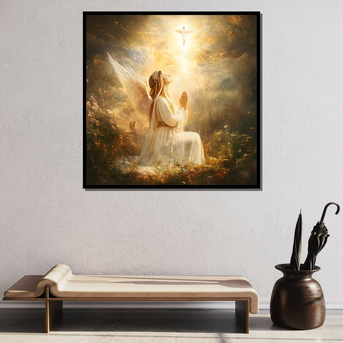 Angel in Prayer with Divine Light - Heavenly Spiritual Wall Art for Christian Homes, Religious Artwork ,Christian Gift
