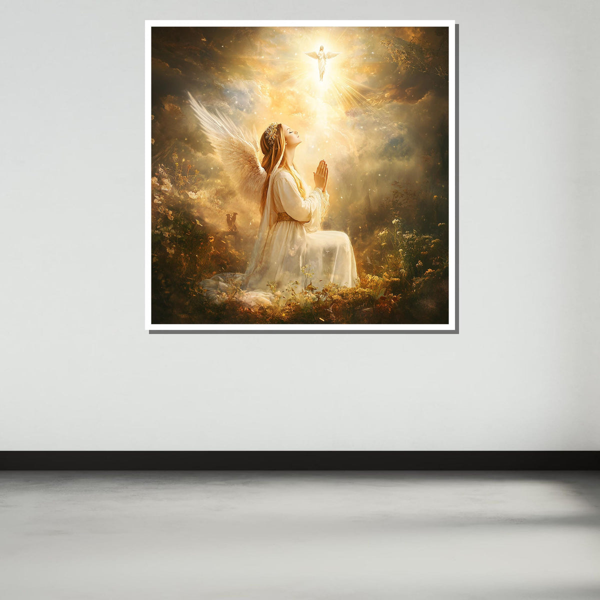 Angel in Prayer with Divine Light - Heavenly Spiritual Wall Art for Christian Homes, Religious Artwork ,Christian Gift