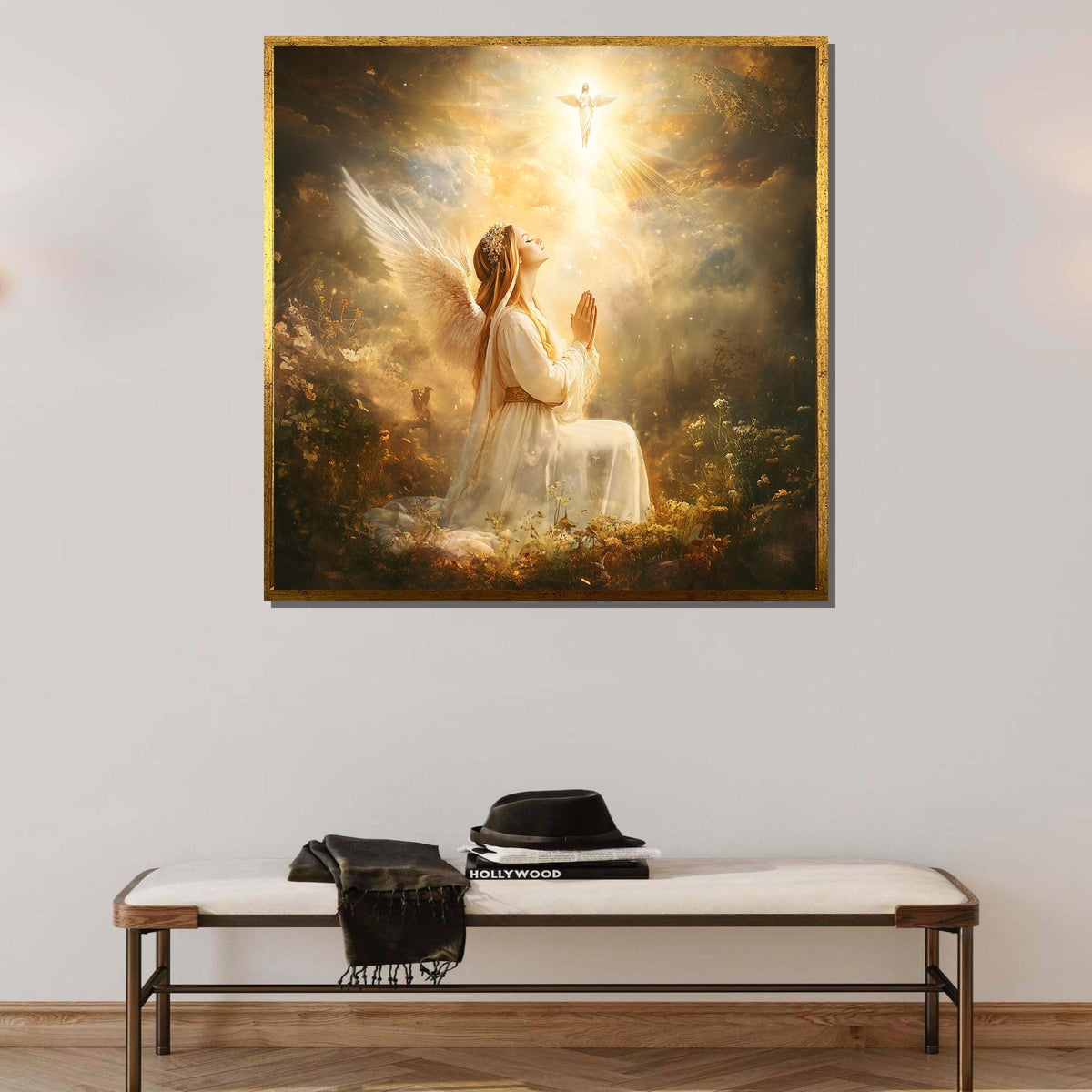 Angel in Prayer with Divine Light - Heavenly Spiritual Wall Art for Christian Homes, Religious Artwork ,Christian Gift