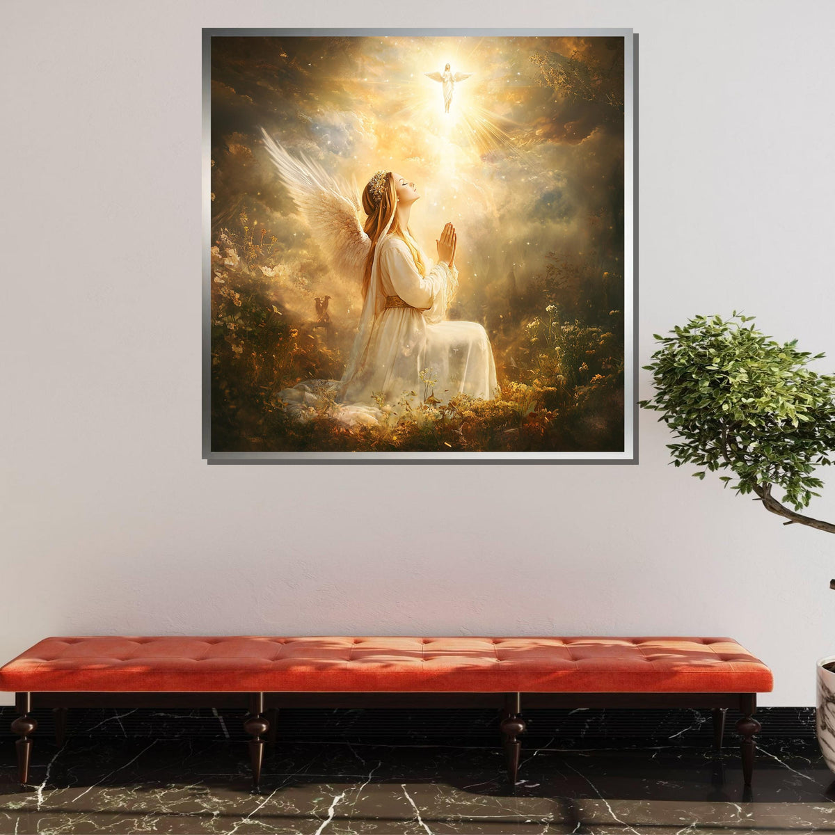 Angel in Prayer with Divine Light - Heavenly Spiritual Wall Art for Christian Homes, Religious Artwork ,Christian Gift