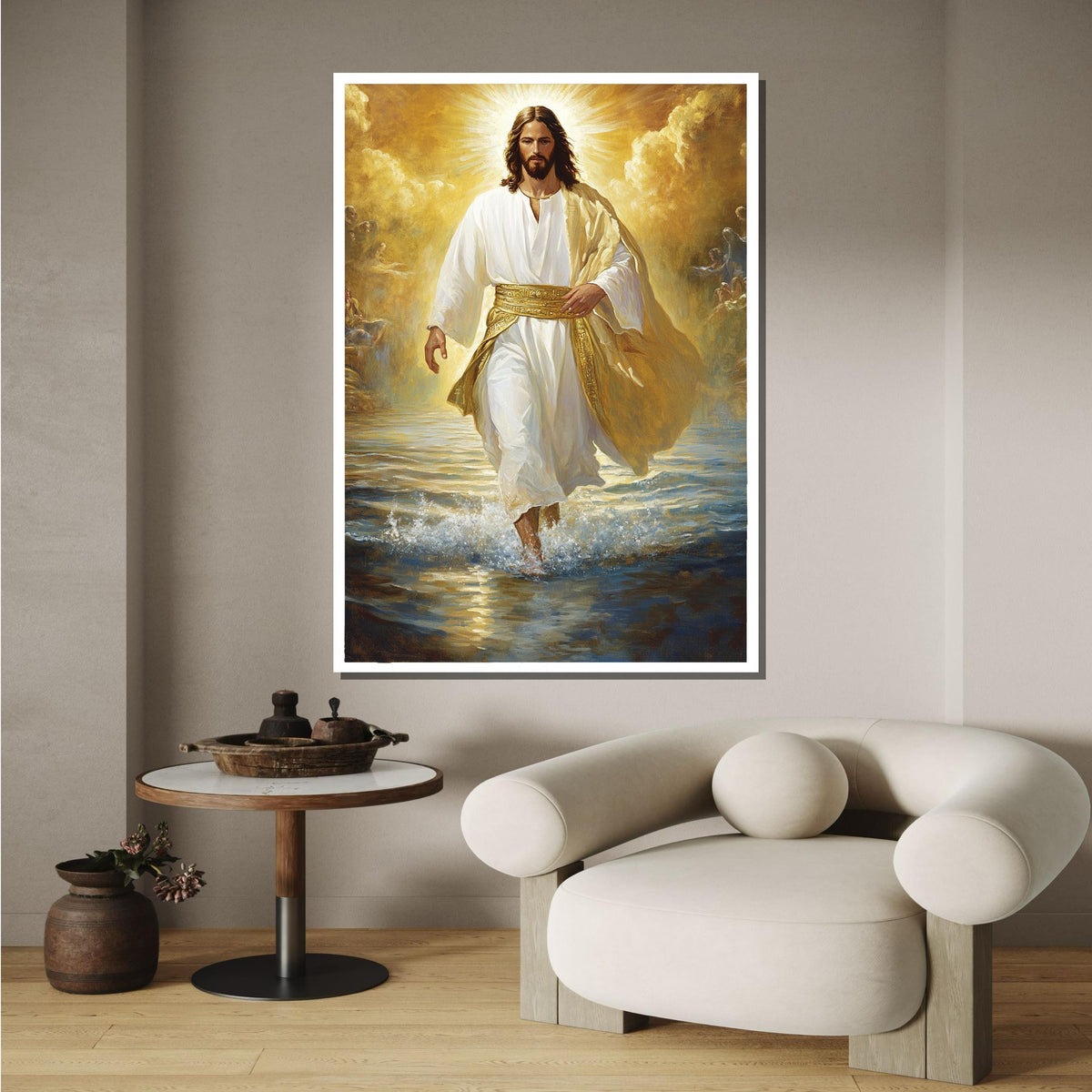 Divine Jesus Walking on Water Canvas, Golden Light Christian Wall Art, Inspirational Religious Decor, Spiritual Home Decor ,Christian Gift