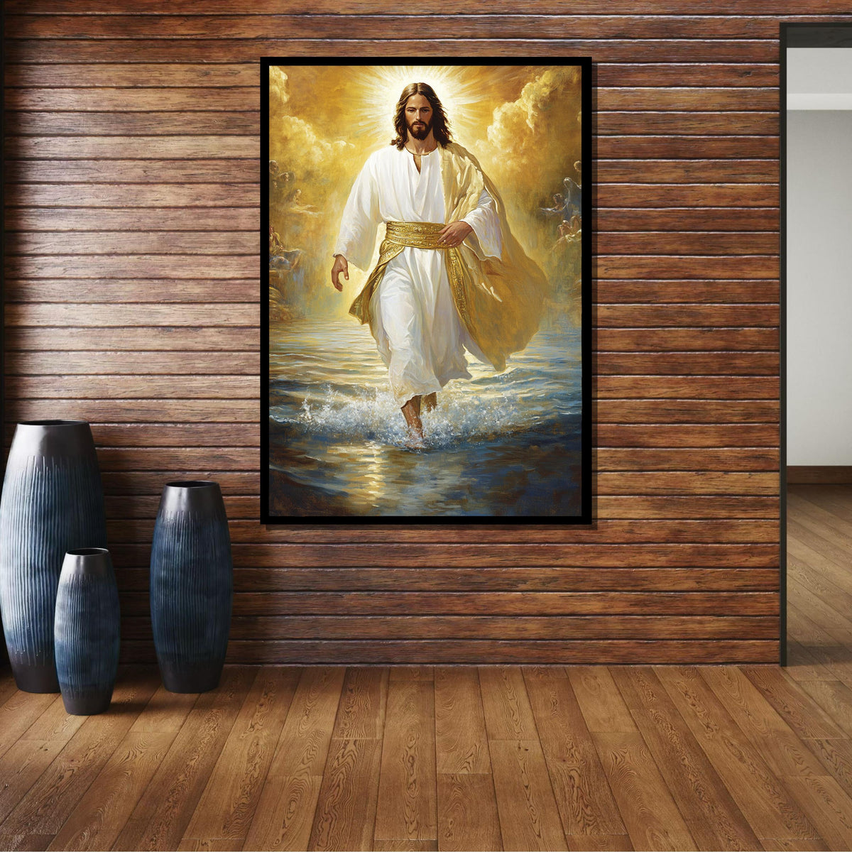 Divine Jesus Walking on Water Canvas, Golden Light Christian Wall Art, Inspirational Religious Decor, Spiritual Home Decor ,Christian Gift