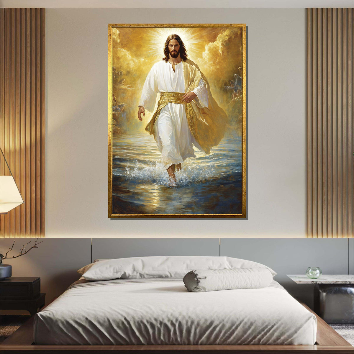 Divine Jesus Walking on Water Canvas, Golden Light Christian Wall Art, Inspirational Religious Decor, Spiritual Home Decor ,Christian Gift
