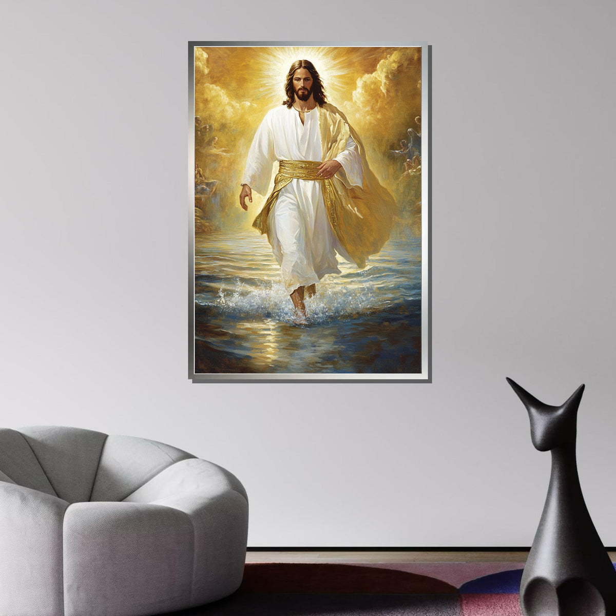 Divine Jesus Walking on Water Canvas, Golden Light Christian Wall Art, Inspirational Religious Decor, Spiritual Home Decor ,Christian Gift