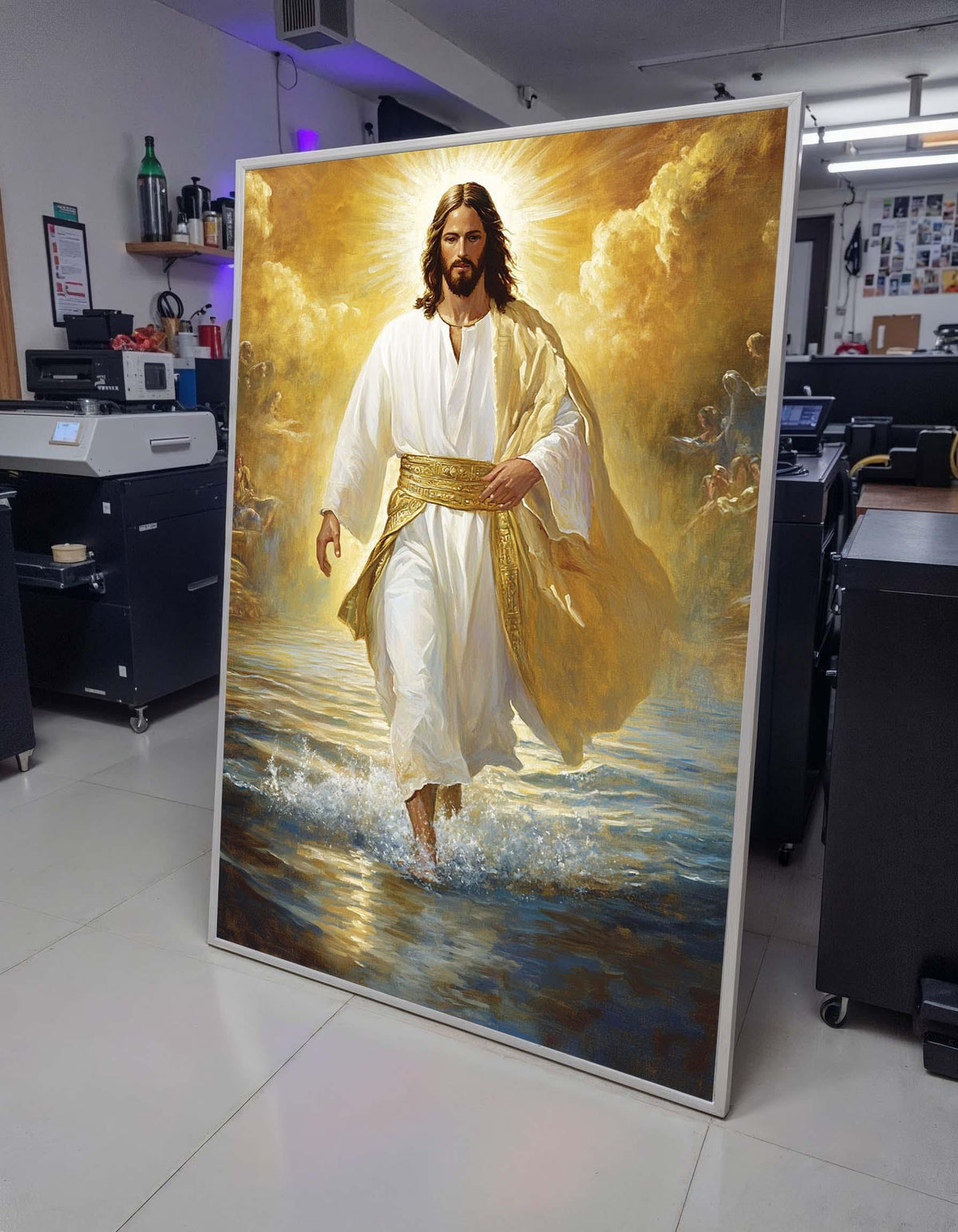 Divine Jesus Walking on Water Canvas, Golden Light Christian Wall Art, Inspirational Religious Decor, Spiritual Home Decor ,Christian Gift