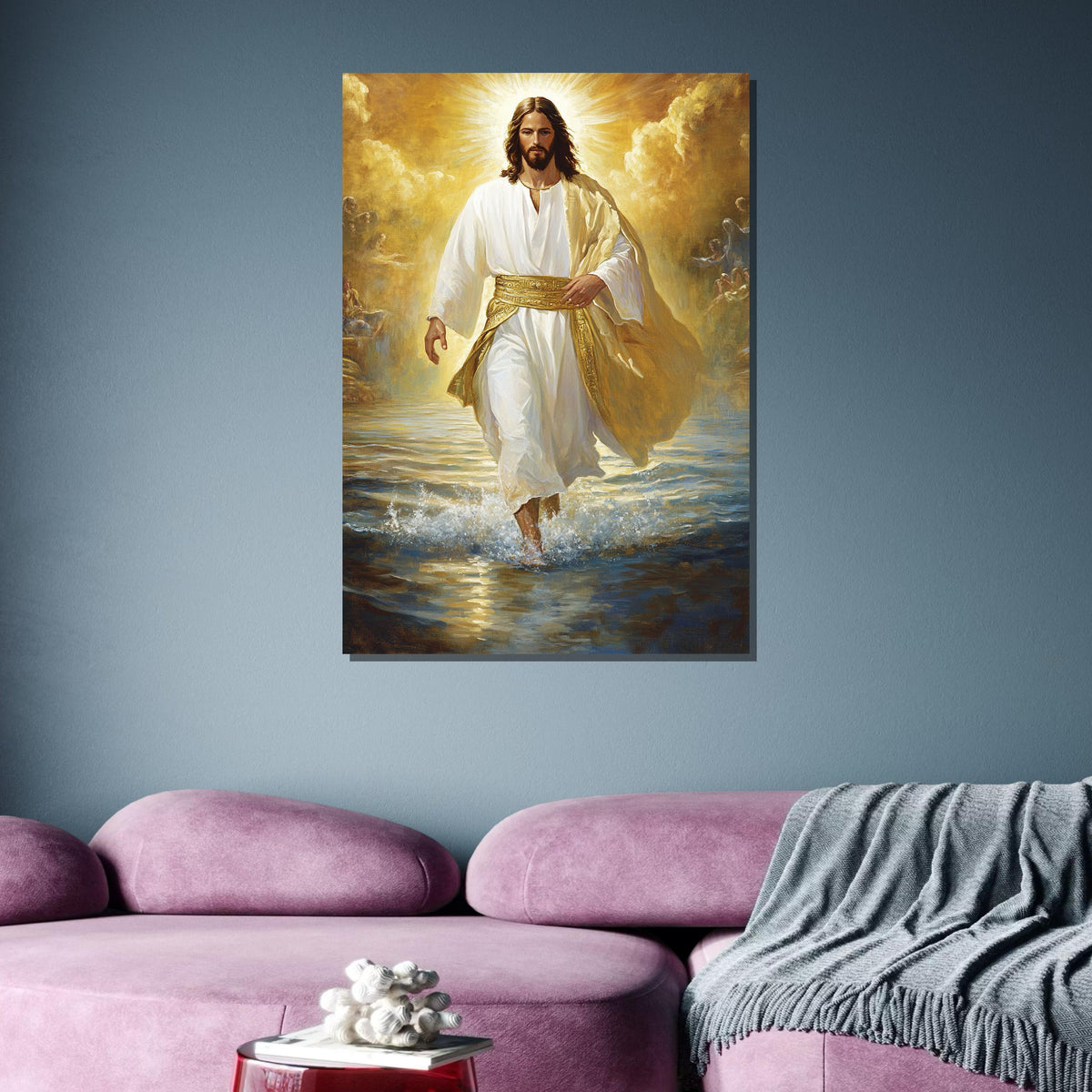 Divine Jesus Walking on Water Canvas, Golden Light Christian Wall Art, Inspirational Religious Decor, Spiritual Home Decor ,Christian Gift