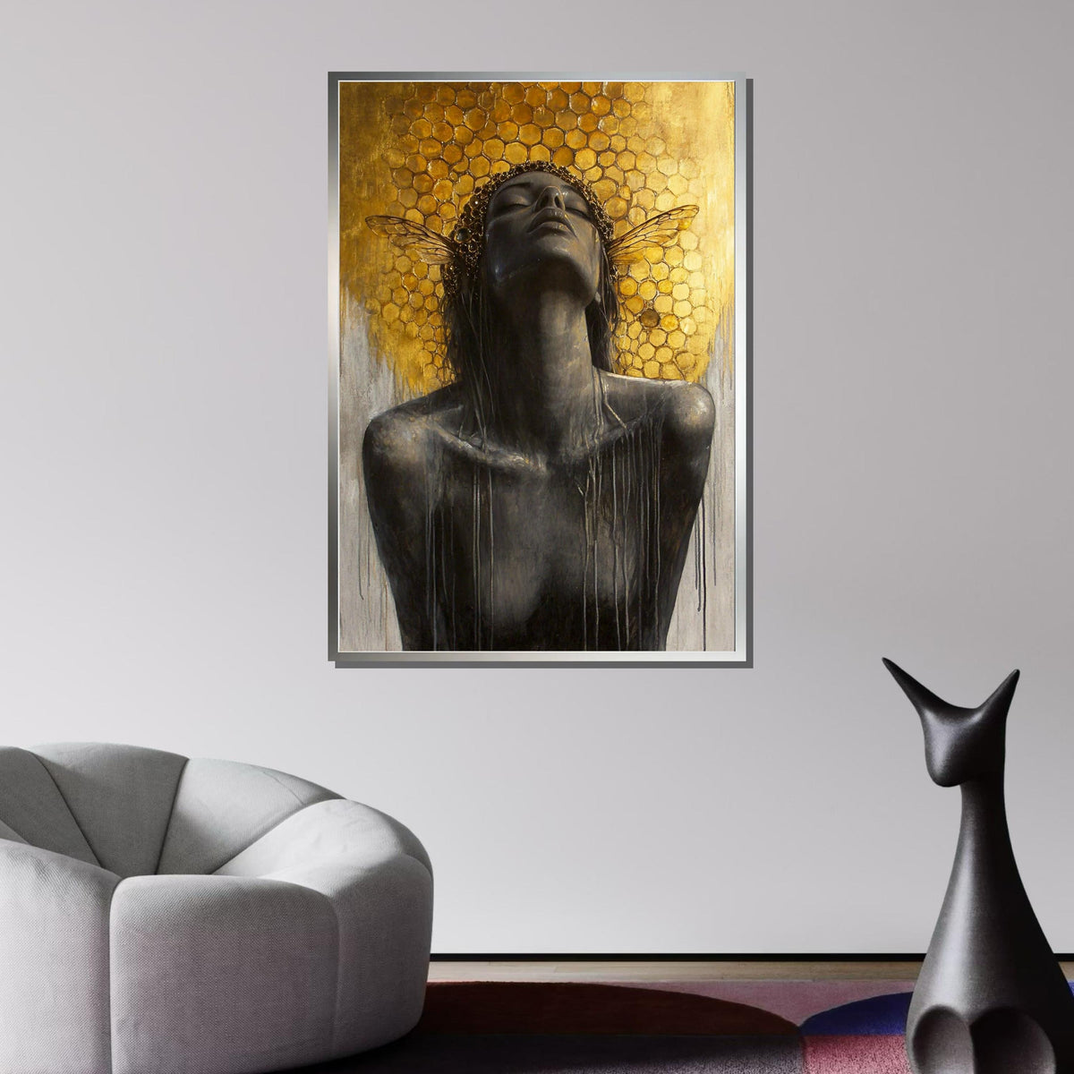 Bee Goddess Canvas Art, Honeycomb Wall Decor, Divine Feminine Artwork, Abstract Gold Wall Art, Mystical Woman Print, Ready to Hang