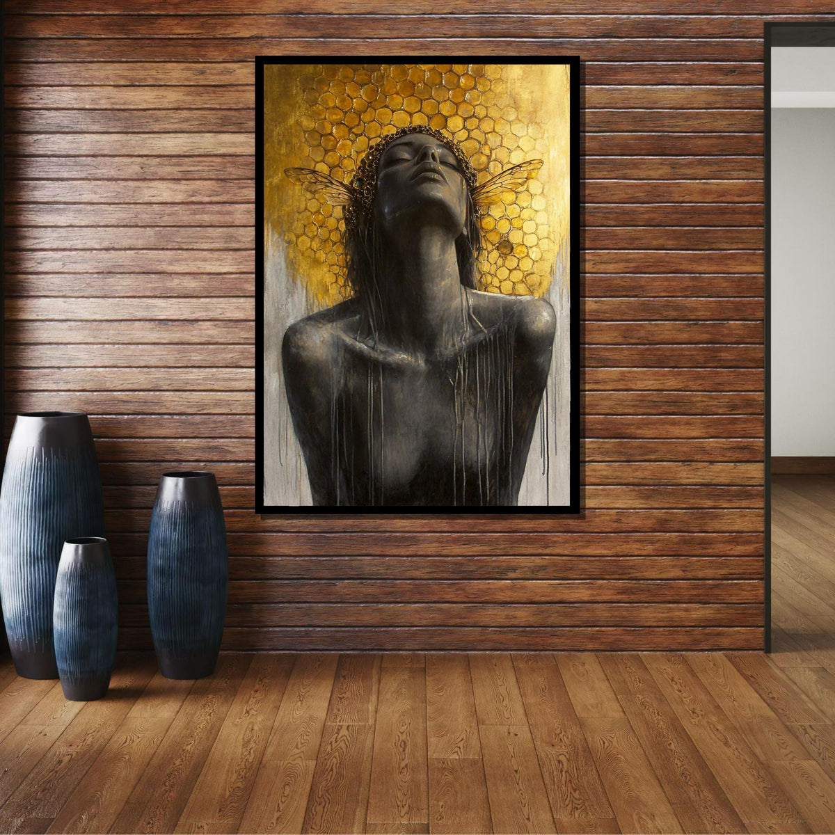 Bee Goddess Canvas Art, Honeycomb Wall Decor, Divine Feminine Artwork, Abstract Gold Wall Art, Mystical Woman Print, Ready to Hang
