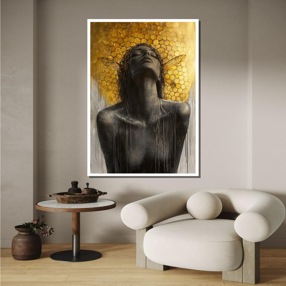 Bee Goddess Canvas Art, Honeycomb Wall Decor, Divine Feminine Artwork, Abstract Gold Wall Art, Mystical Woman Print, Ready to Hang