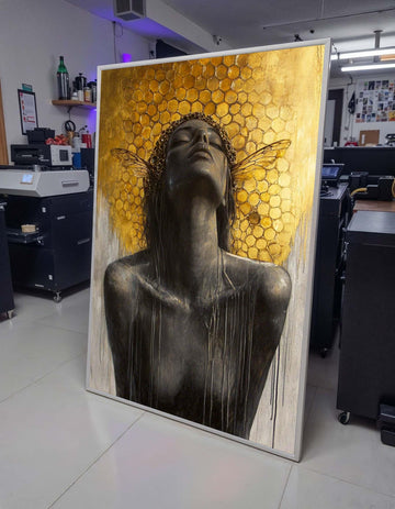 Bee Goddess Canvas Art, Honeycomb Wall Decor, Divine Feminine Artwork, Abstract Gold Wall Art, Mystical Woman Print, Ready to Hang