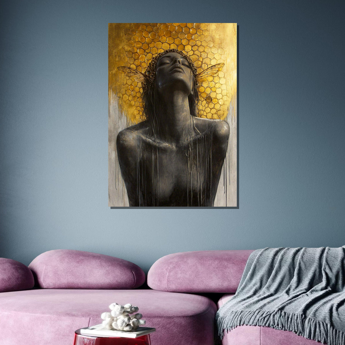 Bee Goddess Canvas Art, Honeycomb Wall Decor, Divine Feminine Artwork, Abstract Gold Wall Art, Mystical Woman Print, Ready to Hang
