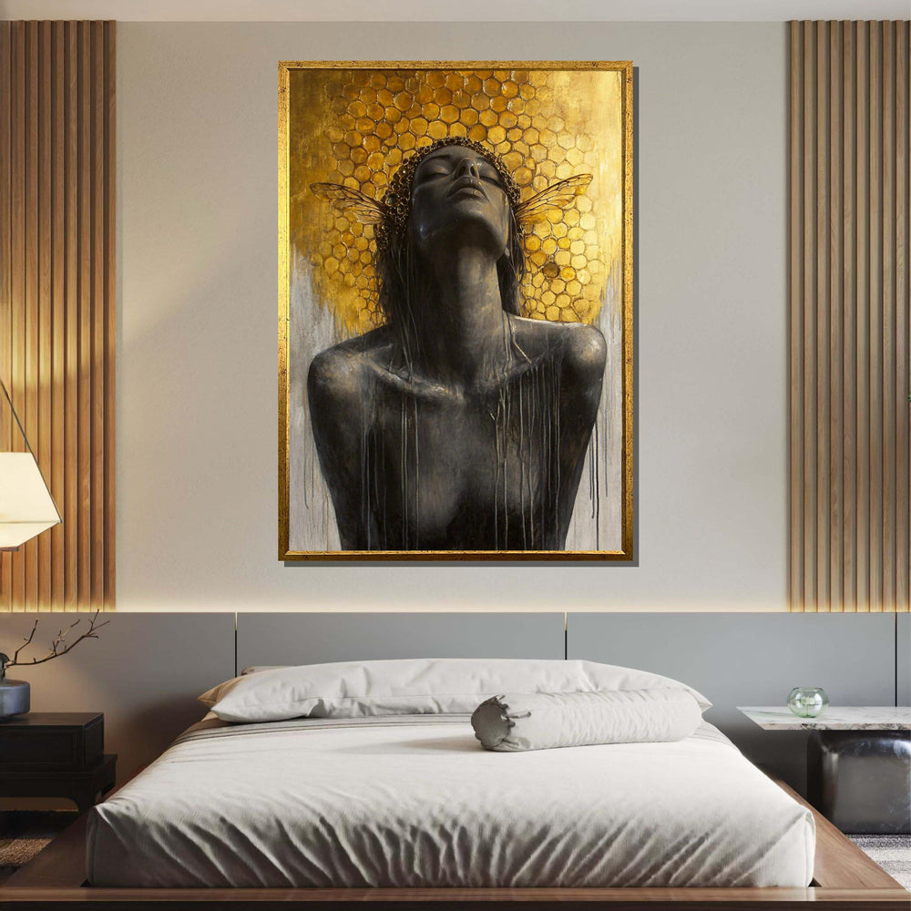 Bee Goddess Canvas Art, Honeycomb Wall Decor, Divine Feminine Artwork, Abstract Gold Wall Art, Mystical Woman Print, Ready to Hang