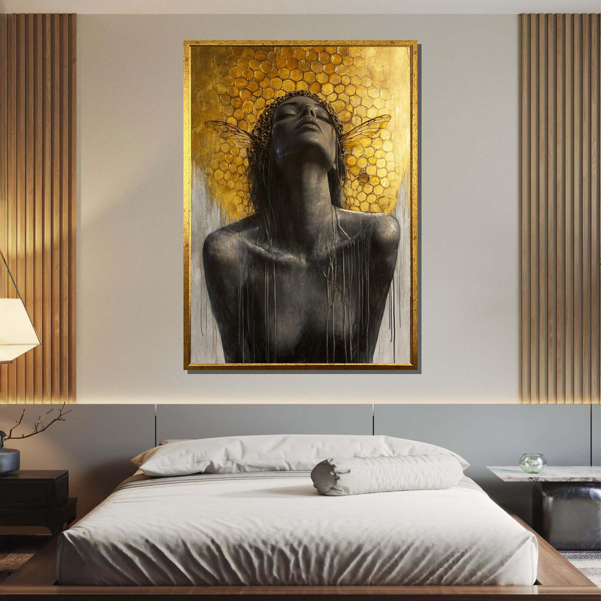 Bee Goddess Canvas Art, Honeycomb Wall Decor, Divine Feminine Artwork, Abstract Gold Wall Art, Mystical Woman Print, Ready to Hang
