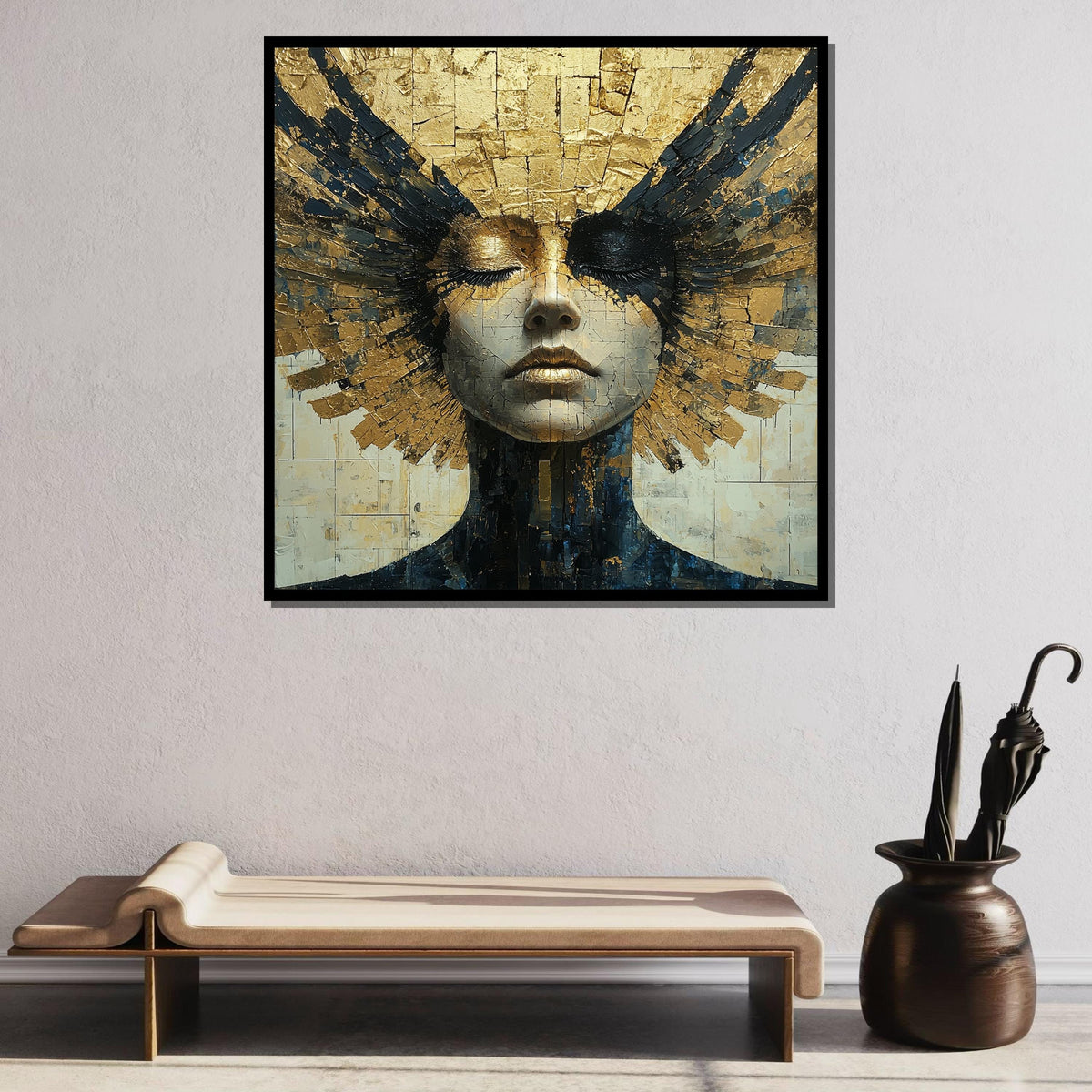 Golden Goddess Canvas, Abstract Female Portrait, Luxurious Gold Foil Art, Divine Feminine Wall Decor, Elegant Modern Artwork, Ready to Hang