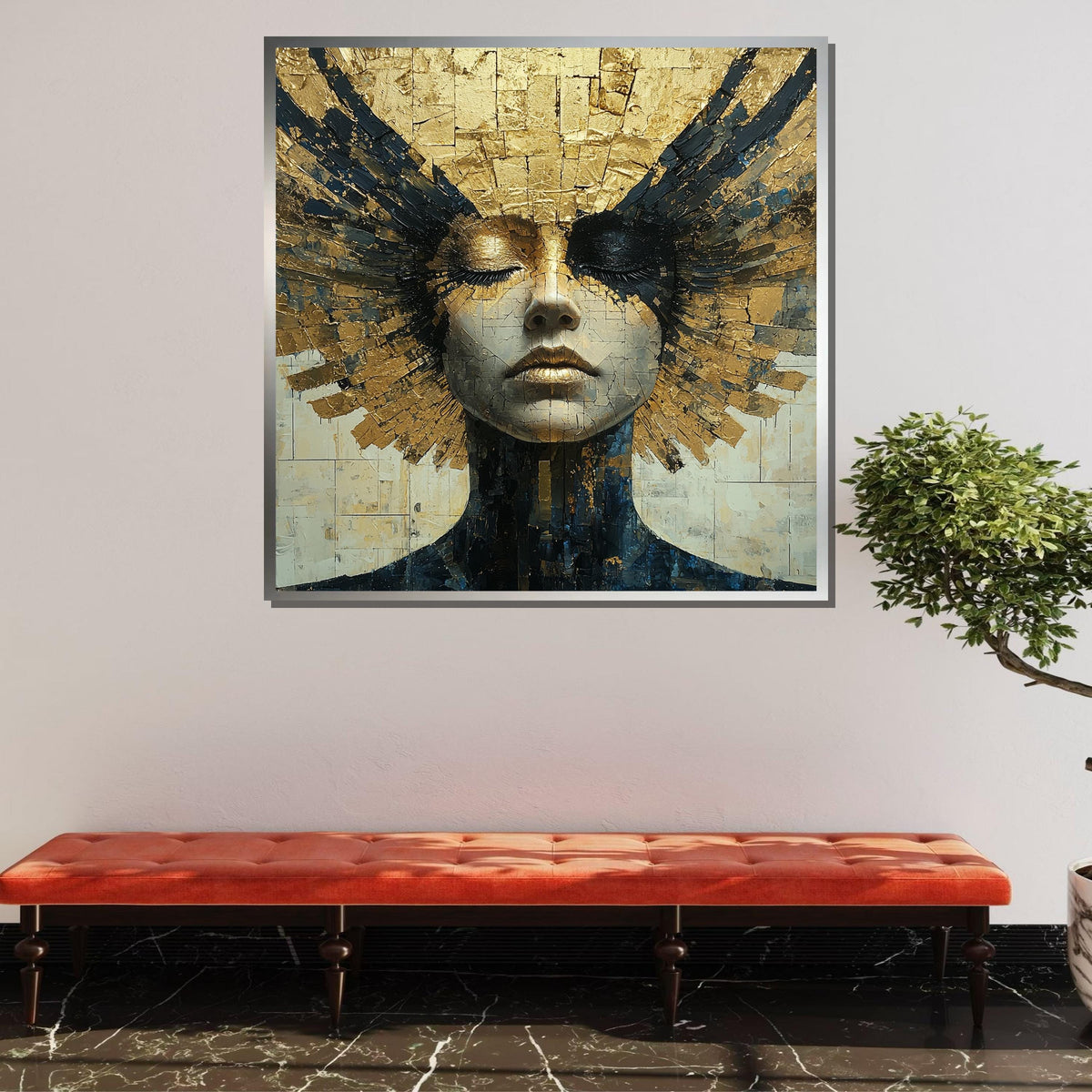 Golden Goddess Canvas, Abstract Female Portrait, Luxurious Gold Foil Art, Divine Feminine Wall Decor, Elegant Modern Artwork, Ready to Hang