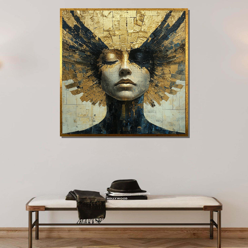 Golden Goddess Canvas, Abstract Female Portrait, Luxurious Gold Foil Art, Divine Feminine Wall Decor, Elegant Modern Artwork, Ready to Hang