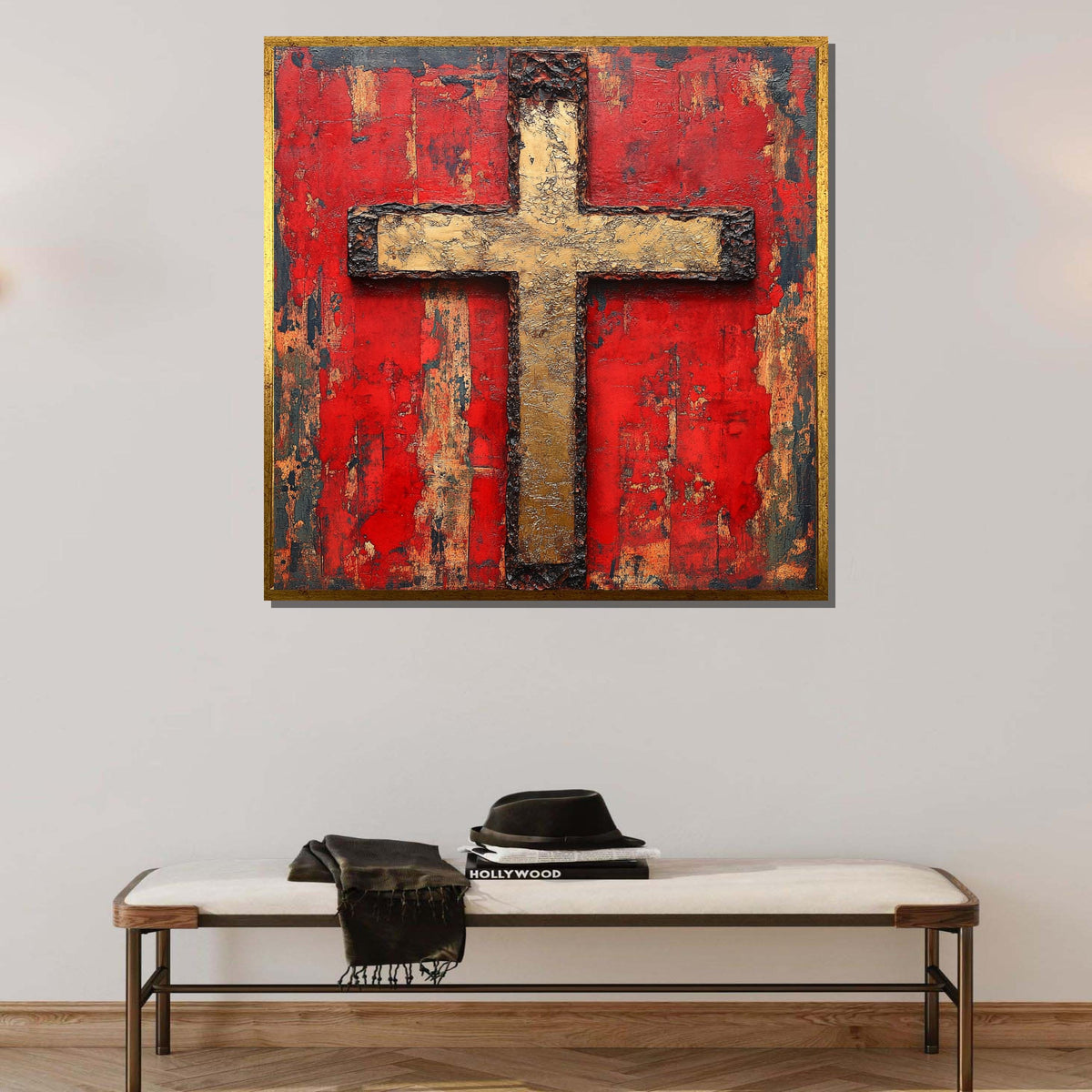 Rustic Gold Cross Canvas, Religious Wall Art, Bold Red Christian Decor, Sacred Symbol Artwork, Faith-Inspired Home Decor, Ready to Hang