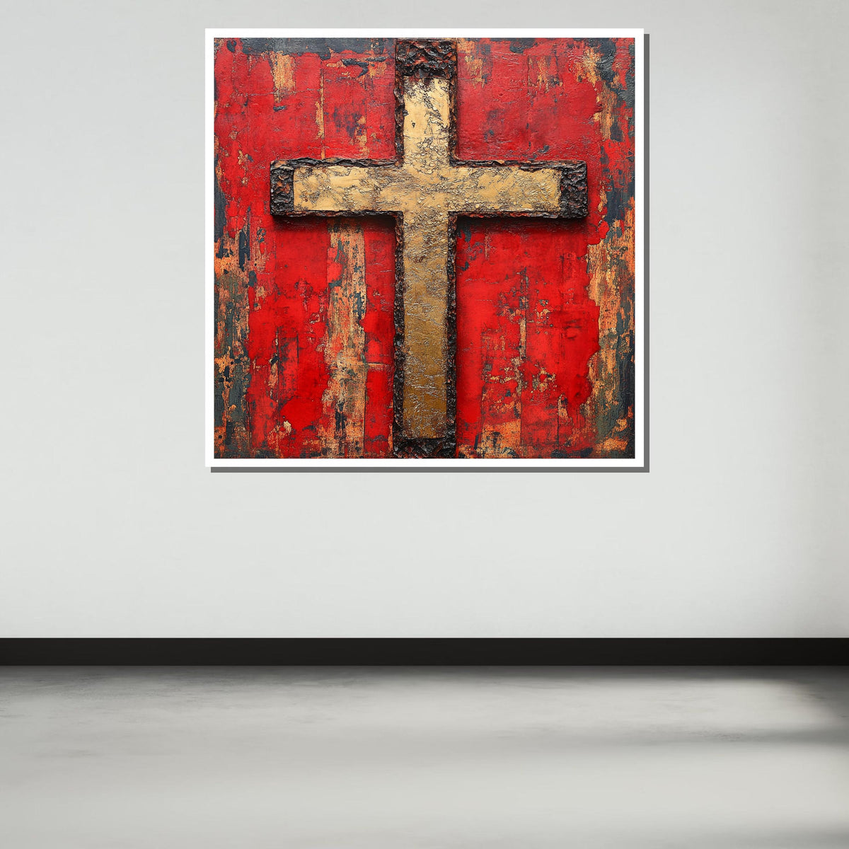 Rustic Gold Cross Canvas, Religious Wall Art, Bold Red Christian Decor, Sacred Symbol Artwork, Faith-Inspired Home Decor, Ready to Hang
