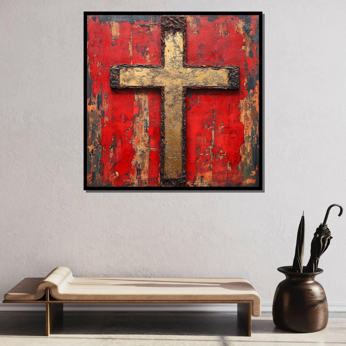 Rustic Gold Cross Canvas, Religious Wall Art, Bold Red Christian Decor, Sacred Symbol Artwork, Faith-Inspired Home Decor, Ready to Hang