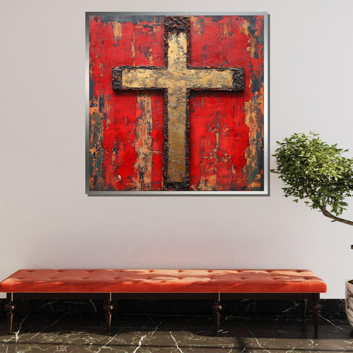 Rustic Gold Cross Canvas, Religious Wall Art, Bold Red Christian Decor, Sacred Symbol Artwork, Faith-Inspired Home Decor, Ready to Hang
