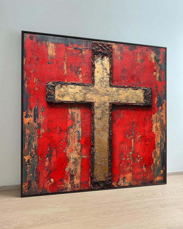 Rustic Gold Cross Canvas, Religious Wall Art, Bold Red Christian Decor, Sacred Symbol Artwork, Faith-Inspired Home Decor, Ready to Hang