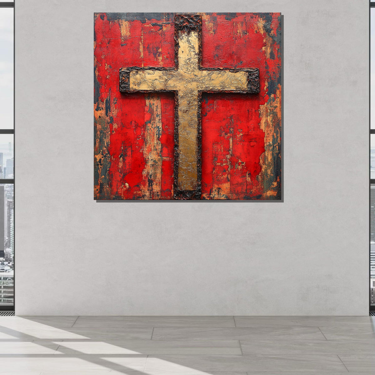 Rustic Gold Cross Canvas, Religious Wall Art, Bold Red Christian Decor, Sacred Symbol Artwork, Faith-Inspired Home Decor, Ready to Hang