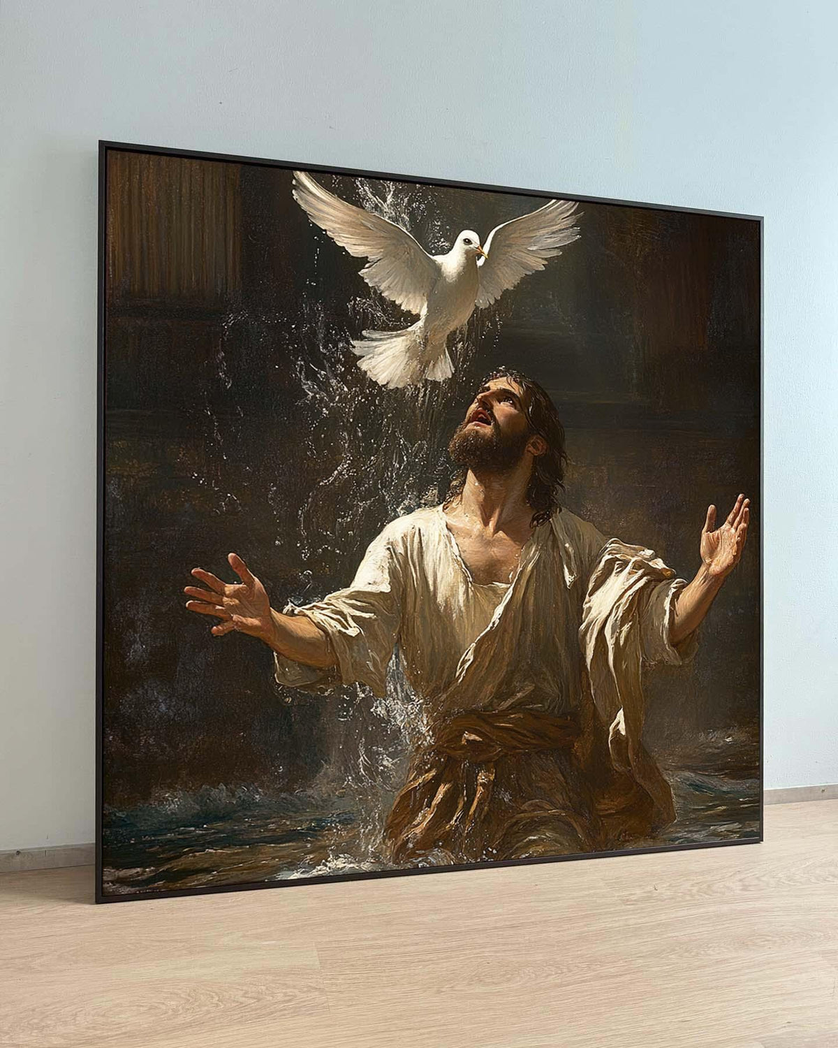 Jesus Baptism Canvas, Holy Spirit Dove Art, Christian Wall Decor, Divine Water Blessing Painting, Spiritual Faith Artwork, Ready to Hang