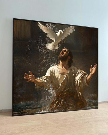 Jesus Baptism Canvas, Holy Spirit Dove Art, Christian Wall Decor, Divine Water Blessing Painting, Spiritual Faith Artwork, Ready to Hang