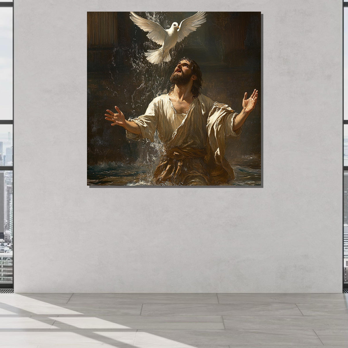 Jesus Baptism Canvas, Holy Spirit Dove Art, Christian Wall Decor, Divine Water Blessing Painting, Spiritual Faith Artwork, Ready to Hang