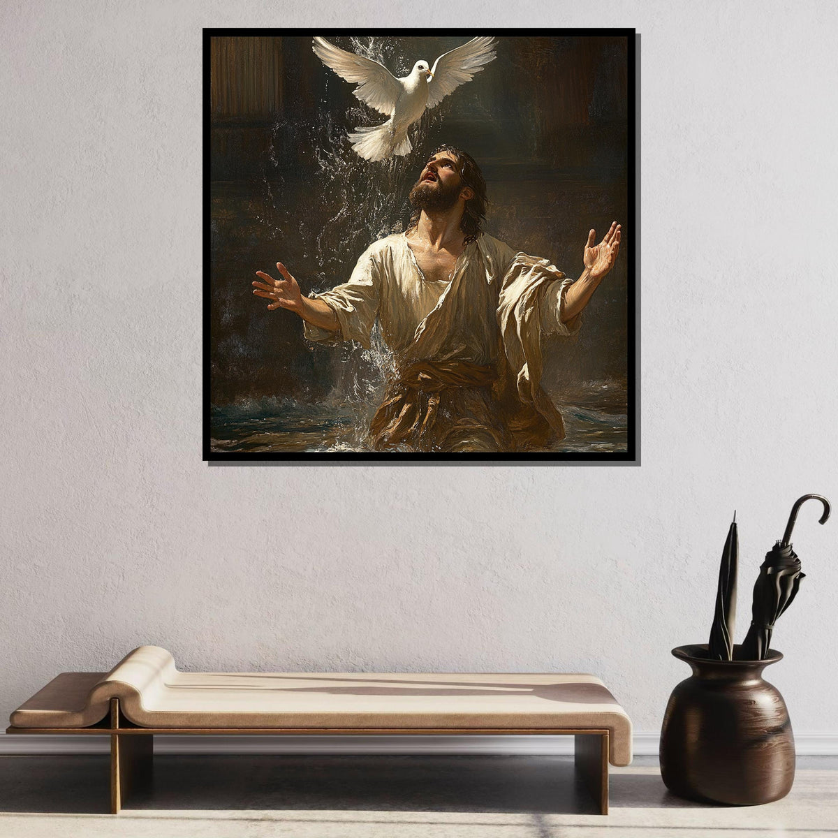 Jesus Baptism Canvas, Holy Spirit Dove Art, Christian Wall Decor, Divine Water Blessing Painting, Spiritual Faith Artwork, Ready to Hang