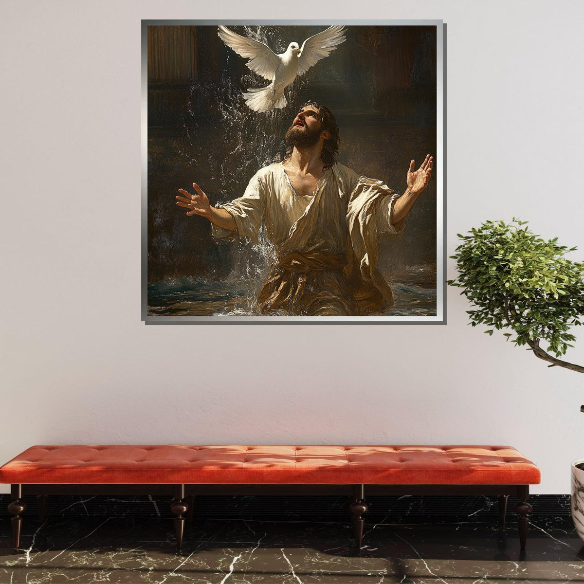 Jesus Baptism Canvas, Holy Spirit Dove Art, Christian Wall Decor, Divine Water Blessing Painting, Spiritual Faith Artwork, Ready to Hang