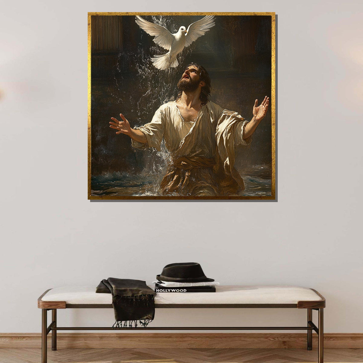 Jesus Baptism Canvas, Holy Spirit Dove Art, Christian Wall Decor, Divine Water Blessing Painting, Spiritual Faith Artwork, Ready to Hang