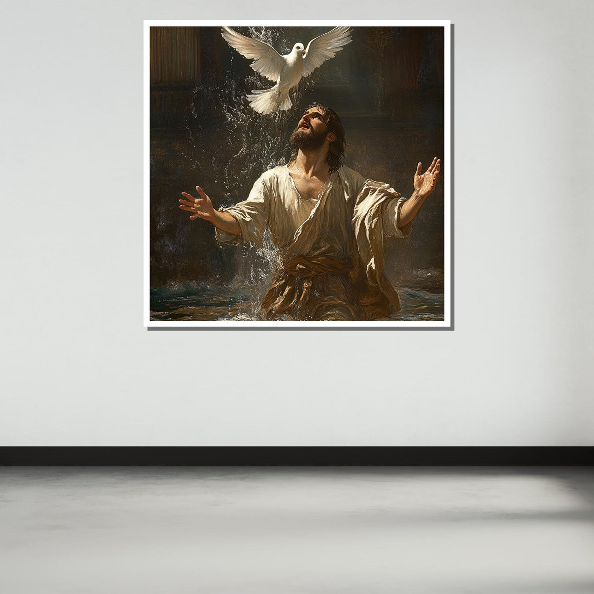 Jesus Baptism Canvas, Holy Spirit Dove Art, Christian Wall Decor, Divine Water Blessing Painting, Spiritual Faith Artwork, Ready to Hang