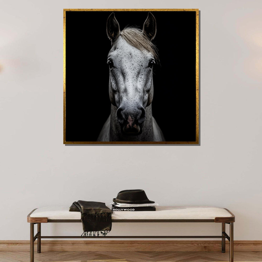 White Horse Portrait, Elegant Equine Wall Art, Black Background Horse Photography, Animal Decor, Minimalist Horse Artwork, Ready to Hang