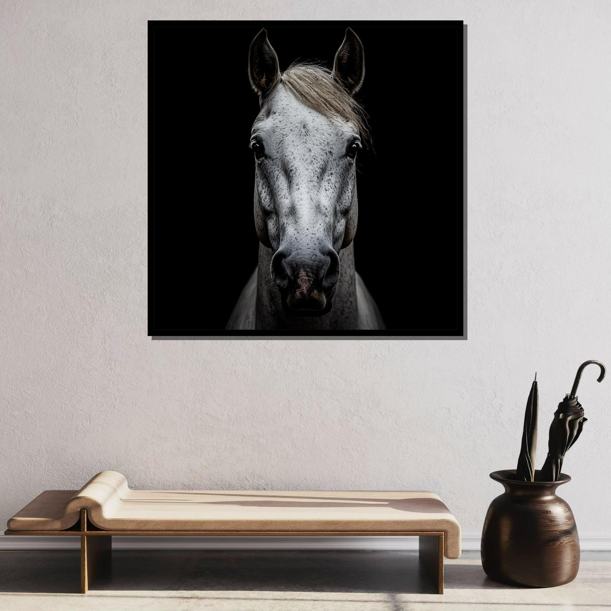 White Horse Portrait, Elegant Equine Wall Art, Black Background Horse Photography, Animal Decor, Minimalist Horse Artwork, Ready to Hang