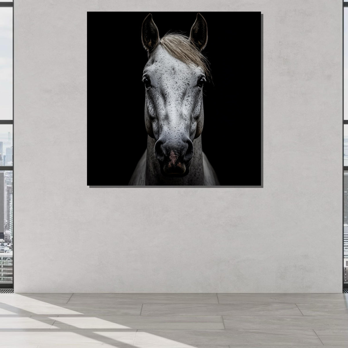 White Horse Portrait, Elegant Equine Wall Art, Black Background Horse Photography, Animal Decor, Minimalist Horse Artwork, Ready to Hang
